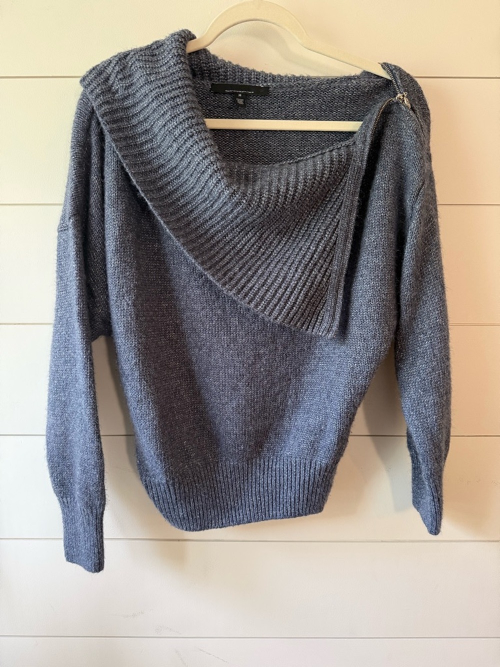 White House Black Market Gray Off Shoulder Sweater Zip Detail Size M Cozy Chic